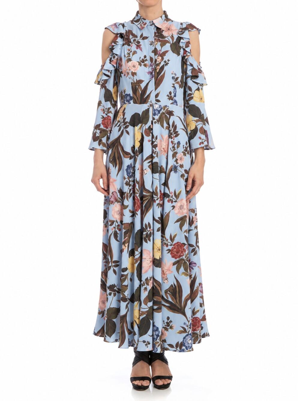 Vivetta Cepola Midi Dress Womens 6 Blue Floral Ruffle Cold Shoulder Italy $1485